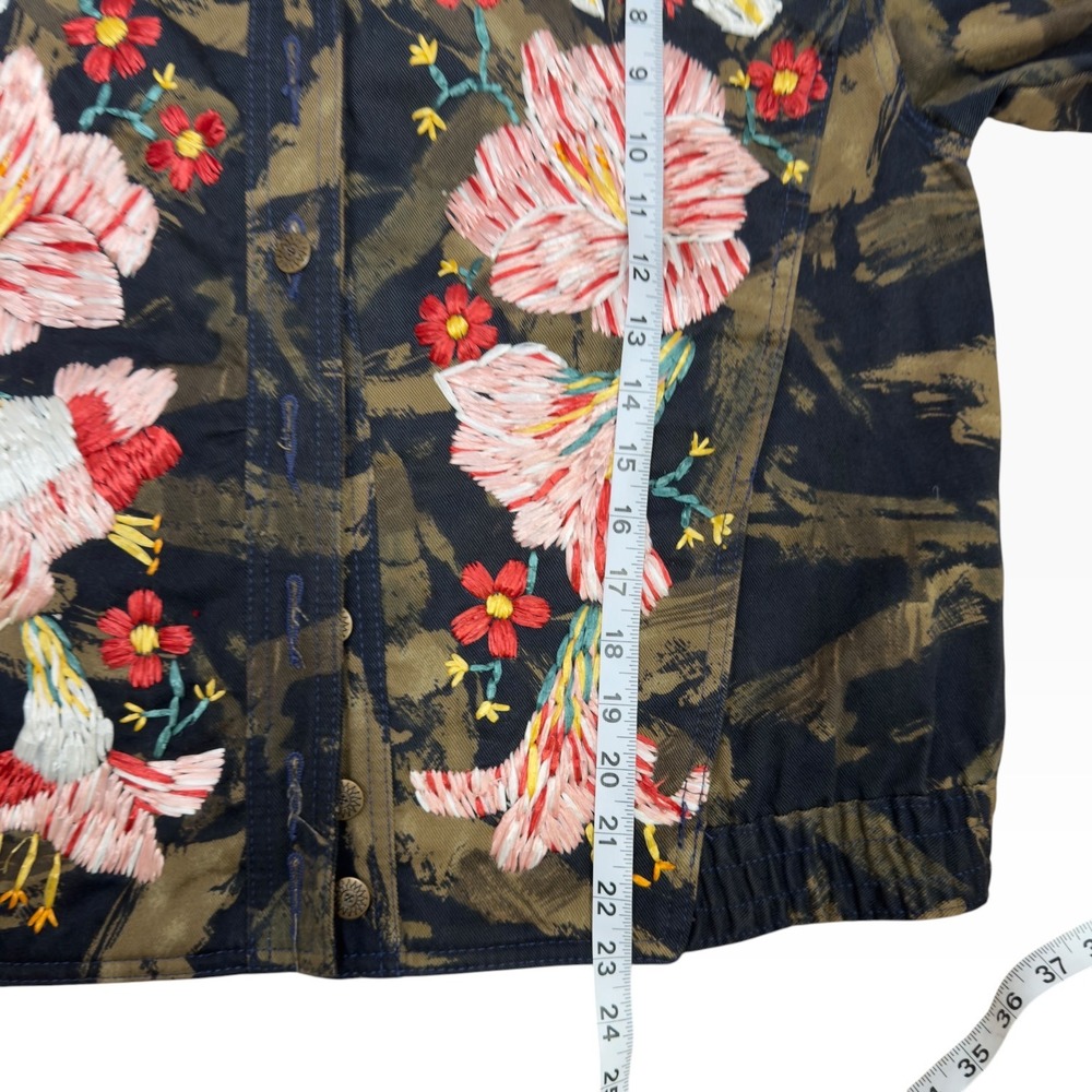 Gene Ewing Bis Bomber Jacket Camo Floral Embroidered VTG 1991 Funky Boho Fit M/L - Picture 9 of 9